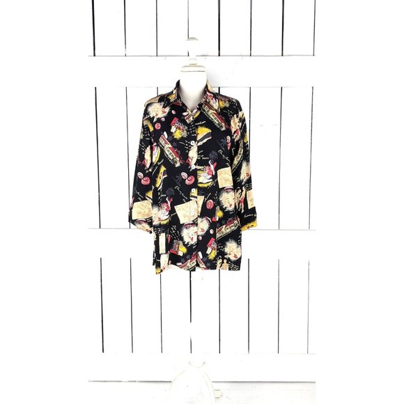 Loco Wido black sheer California beach summer vacation retro print blouse medium - Picture 2 of 9